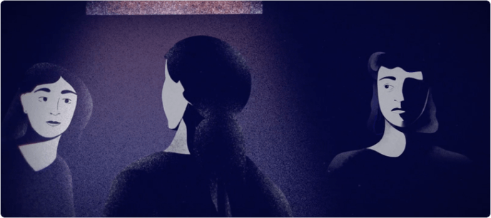 Cartoon image of 3 people, 2 facing each other, 1 left out. Purple hues