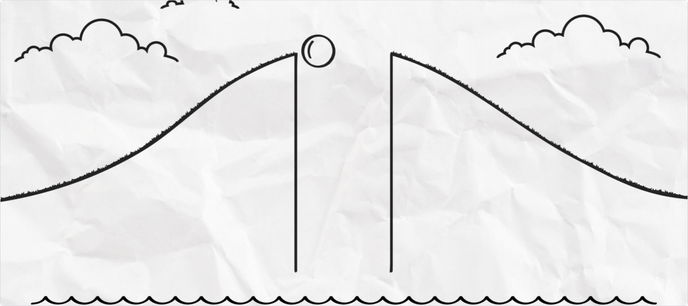 Line illustration showing a 2 mountains with a ball dropping between them
