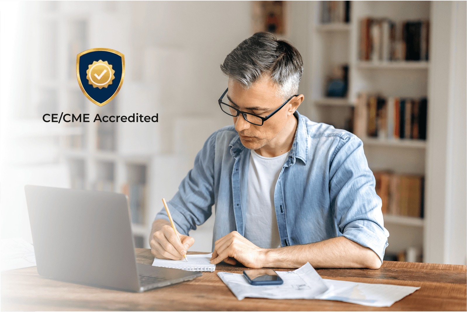 Man at a computer with a CE Badge