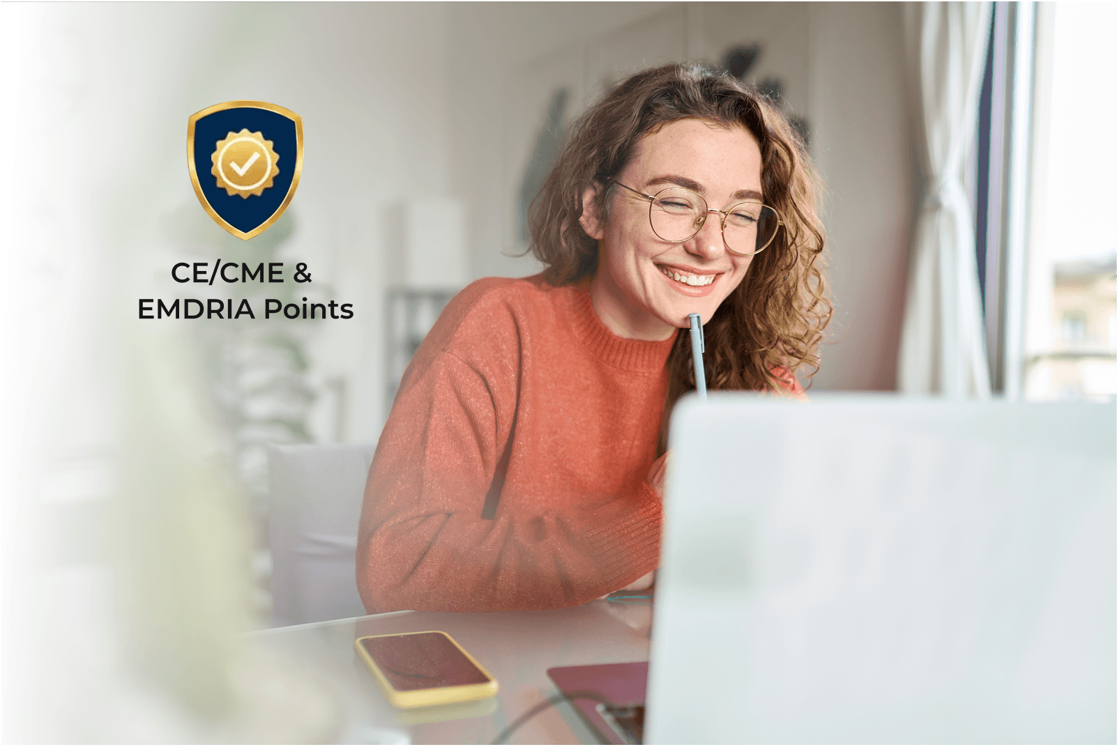 Woman at computer with CE Accreditation badge